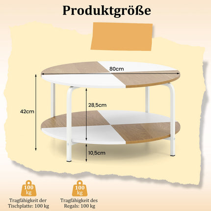 Runder Couchtisch mit Ablage, Weiß & Naturholz