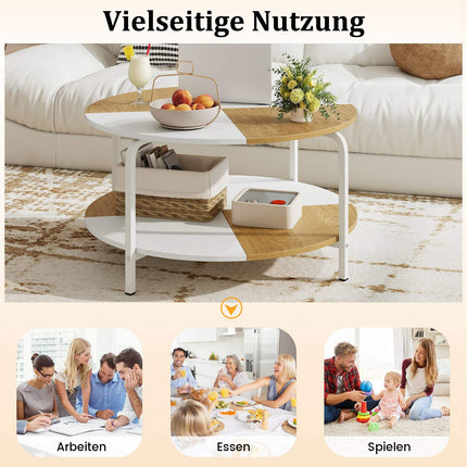 Runder Couchtisch mit Ablage, Weiß & Naturholz