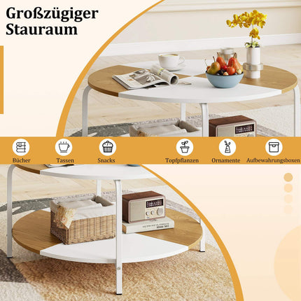 Runder Couchtisch mit Ablage, Weiß & Naturholz