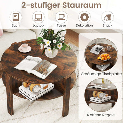Runder Couchtisch mit Stauraum, Holz, 4 Ablagen, Braun