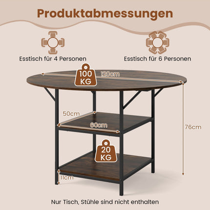 Round Dining Table, 120 cm, 4-6 Seats, 2-Tier Shelf