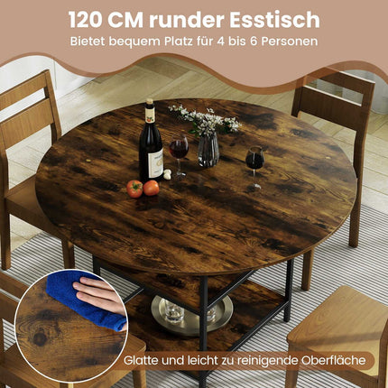 Round Dining Table, 120 cm, 4-6 Seats, 2-Tier Shelf