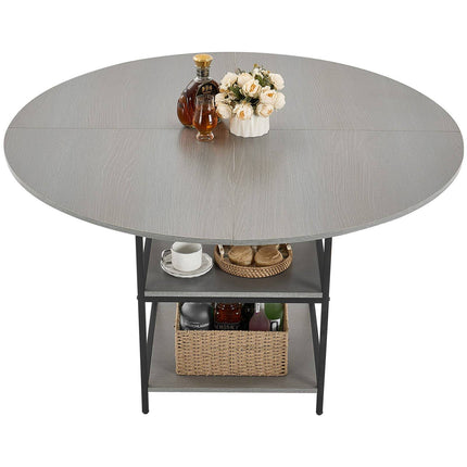 Round Dining Table, 47 Inch, Storage Shelf, Metal Legs, Grey