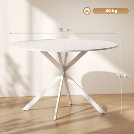Round Dining Table for 4 People, Ø120 cm, White, X-Shaped Steel Legs