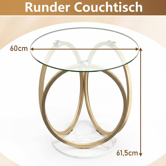 Runder Couchtisch aus Glas mit goldfarbenem Metallgestell