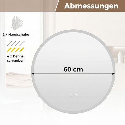 Runder LED-Badezimmerspiegel, 3 Lichtfarben, Antibeschlag, Ø60 cm