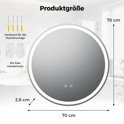 Round LED Bathroom Mirror, 70 cm, Adjustable Brightness