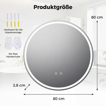 Runder LED-Badezimmerspiegel, einstellbare Helligkeit, Ø80 cm