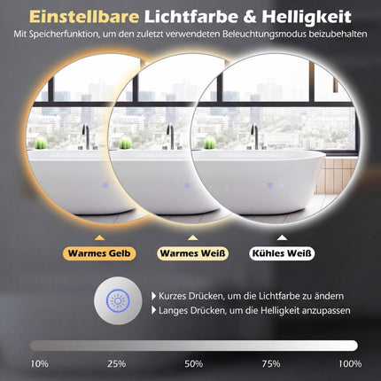 Runder LED-Badezimmerspiegel, einstellbare Helligkeit und Antibeschlag