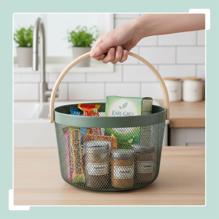 Round Metal Wire Storage Basket with Handle