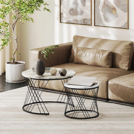 Round Nesting Coffee Tables Set – Marble Look, Grey & White