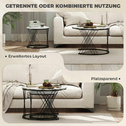 Round Nesting Coffee Tables Set – Marble Look, Grey & White