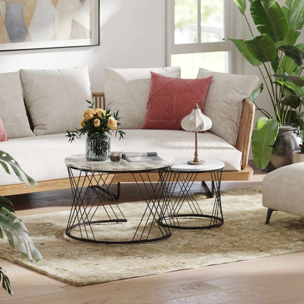 Round Nesting Coffee Tables Set – Marble Look, Grey & White