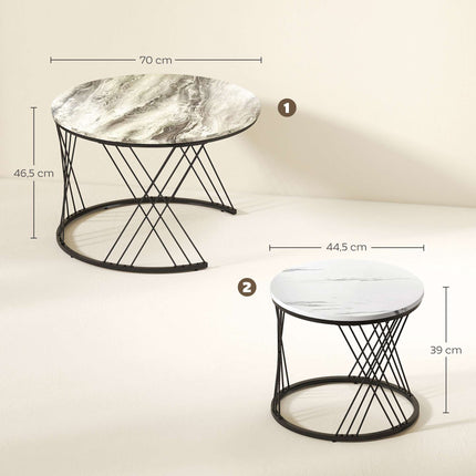Round Nesting Coffee Tables Set – Marble Look, Grey & White