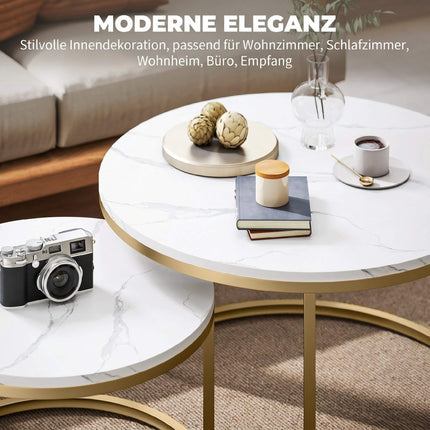 Round Nesting Coffee Tables Set of 2 with Marble-Look Tops, Gold Frame, White