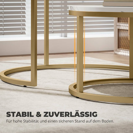 Round Nesting Coffee Tables Set of 2 with Marble-Look Tops, Gold Frame, White
