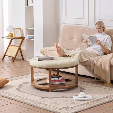 Round Ottoman Coffee Table, 81 cm, Tufted Linen, Wood Shelf