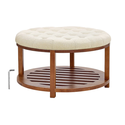 Round Ottoman Coffee Table, 81 cm, Tufted Linen, Wood Shelf