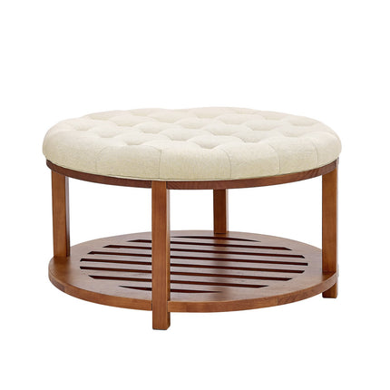 Round Ottoman Coffee Table, 81 cm, Tufted Linen, Wood Shelf