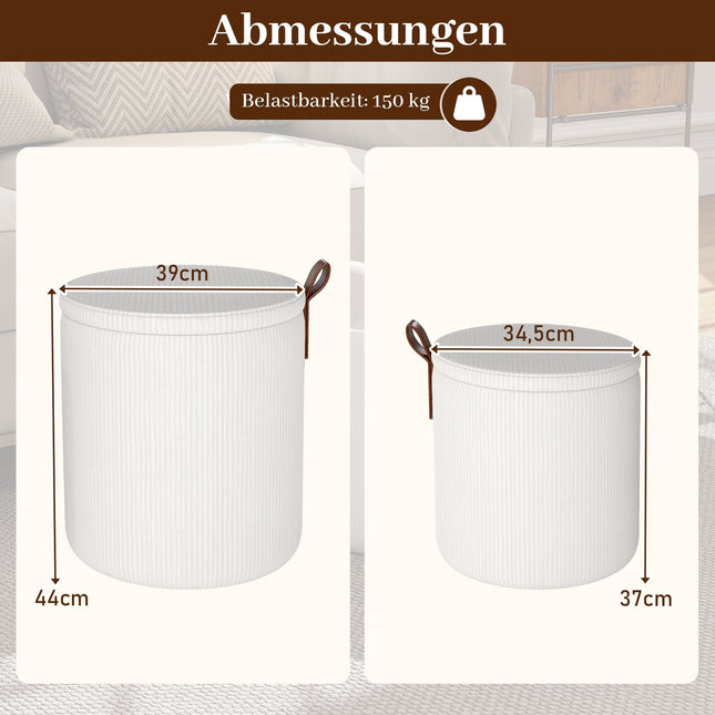 Rundes Ottoman-Set mit Stauraum, Cord, nesting, Weiß