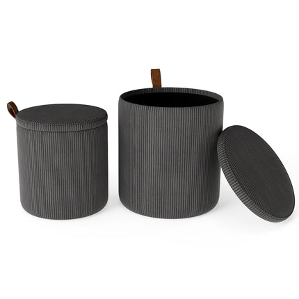 Round Ottoman Set with Storage, Nesting, Corduroy, Gray