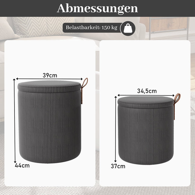 Runder Ottoman-Satz mit Stauraum, nestbar, Cord, Grau