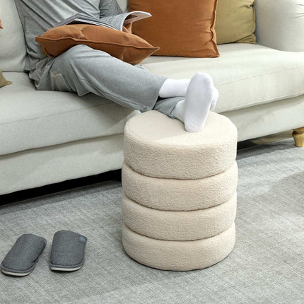 Round Ottoman, Teddy Fleece, 120kg Capacity, Beige