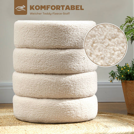 Round Ottoman, Teddy Fleece, 120kg Capacity, Beige