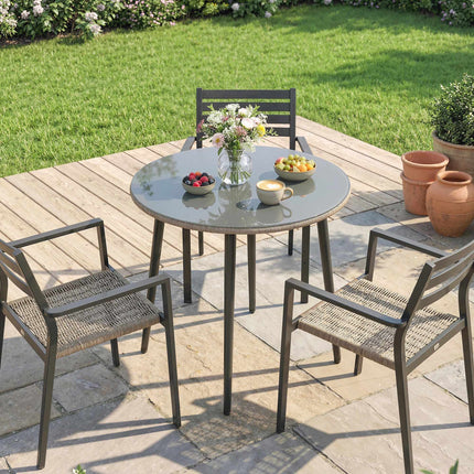Runder Outdoor-Esstisch, 80 cm, Glas & Rattan