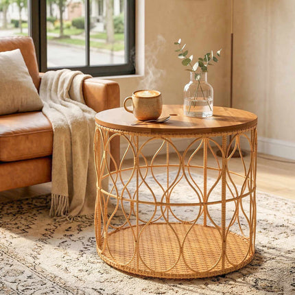 Ronde bijzettafel voor buiten, blad van acaciahout, rotanlook