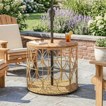 Ronde bijzettafel voor buiten, blad van acaciahout, rotanlook