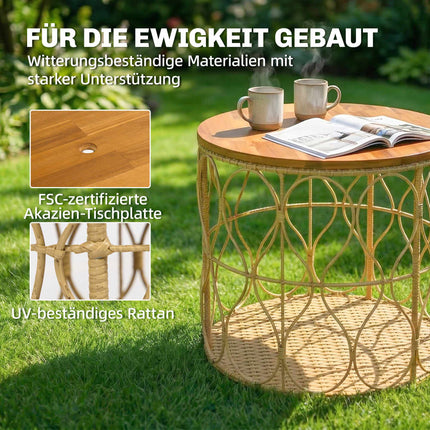 Ronde bijzettafel voor buiten, blad van acaciahout, rotanlook