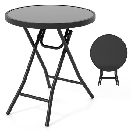 Table basse ronde de patio avec plateau en verre trempé et cadre en métal, table d'appoint pliante noire