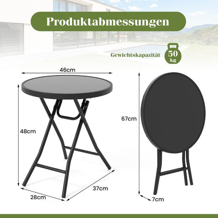 Table basse ronde de patio avec plateau en verre trempé et cadre en métal, table d'appoint pliante noire