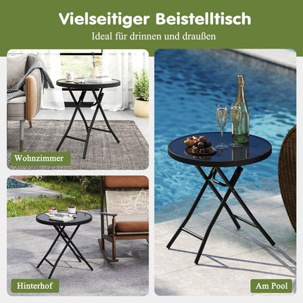 Table basse ronde de patio avec plateau en verre trempé et cadre en métal, table d'appoint pliante noire