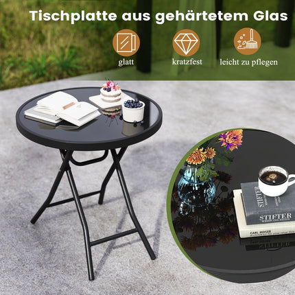 Table basse ronde de patio avec plateau en verre trempé et cadre en métal, table d'appoint pliante noire
