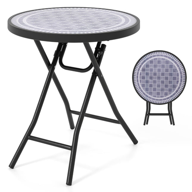 Runder Terrassen-Couchtisch mit Platte aus gehärtetem Glas und Metallrahmen, klappbarer Beistelltisch, Grau