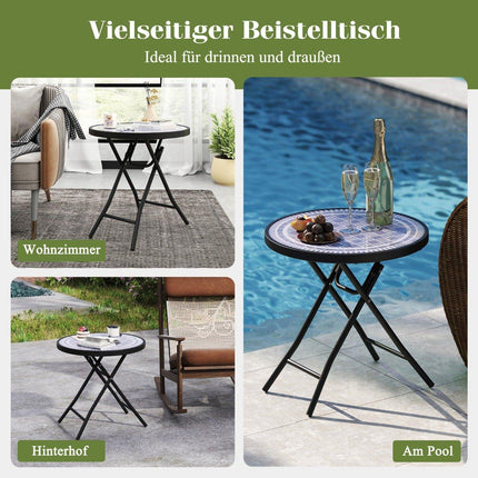 Table basse ronde de patio avec plateau en verre trempé et cadre en métal, table d'appoint pliante grise