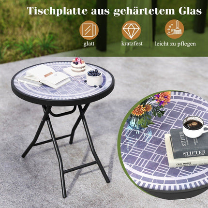 Table basse ronde de patio avec plateau en verre trempé et cadre en métal, table d'appoint pliante grise