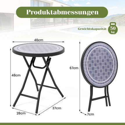 Table basse ronde de patio avec plateau en verre trempé et cadre en métal, table d'appoint pliante grise
