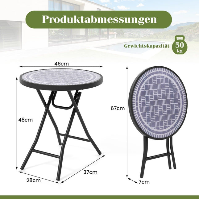 Runder Terrassen-Couchtisch mit Platte aus gehärtetem Glas und Metallrahmen, klappbarer Beistelltisch, Grau