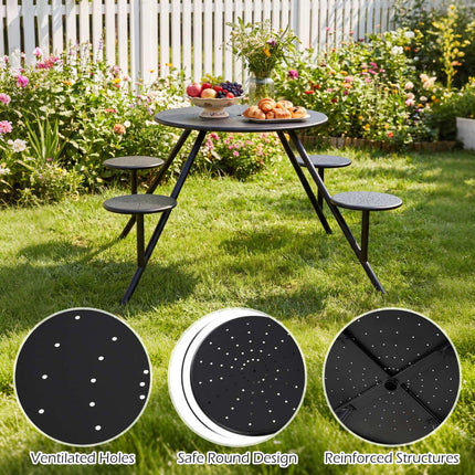 Round Picnic Table for 4 with Iron Seats & Umbrella Hole
