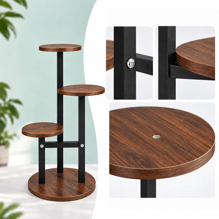 Round Plant Stand with 4 Tiers, Iron and MDF – 53 cm, Dark Brown, Black