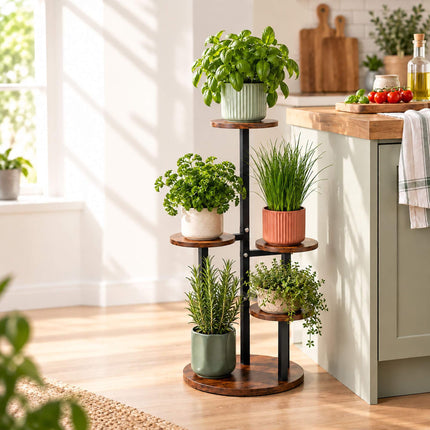 Round Plant Stand with 4 Tiers, Iron and MDF – 53 cm, Dark Brown, Black