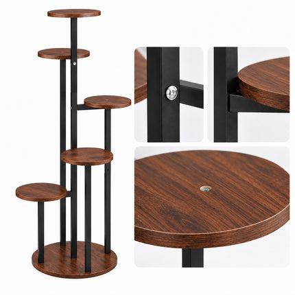 Round Plant Stand with 6 Tiers, Iron and MDF – 116 cm, Dark Brown, Black