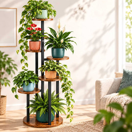 Round Plant Stand with 6 Tiers, Iron and MDF – 116 cm, Dark Brown, Black