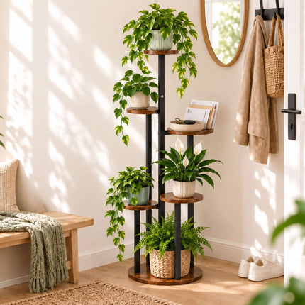 Round Plant Stand with 6 Tiers, Iron and MDF – 116 cm, Dark Brown, Black