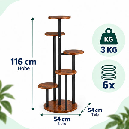 Round Plant Stand with 6 Tiers, Iron and MDF – 116 cm, Dark Brown, Black