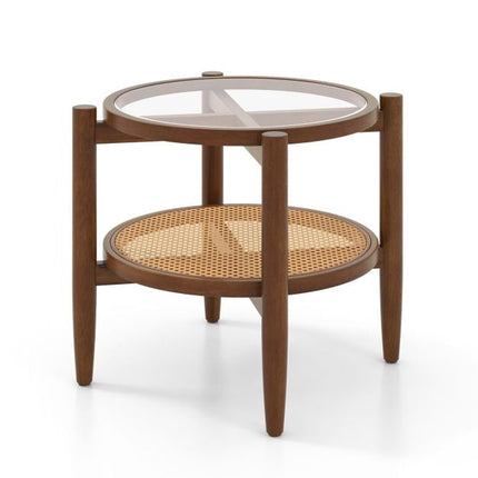 Runder Rattan-Beistelltisch mit Glasplatte, 2-stöckig