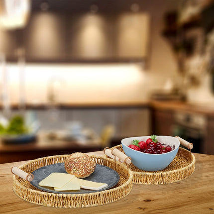 Round Serving Tray Set, Woven Plant Fiber, 3 Sizes